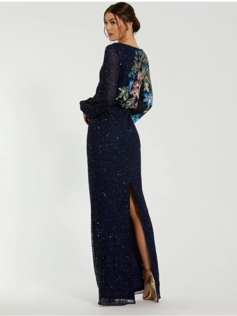 Mac Duggal Size 4 Embellished Navy Floral High Neck Long Sleeve Sequin Gown